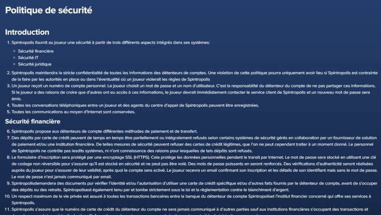 Spintropolis Casino politique sécurité